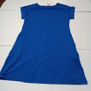 She & Sho Womens Small Tee Shirt Dress Blue V Neck Pockets Stretch Cuffed Sleeve